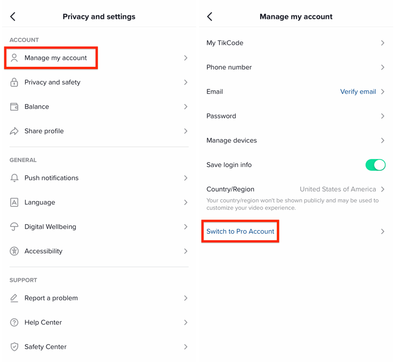 Settings to upgrade your TikTok account to a pro creator.